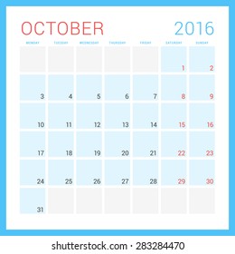 Calendar 2016. Vector Flat Design Template. October. Week Starts Monday