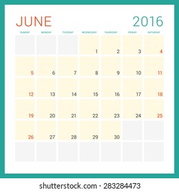 Calendar 2016. Vector Flat Design Template. June. Week Starts Sunday