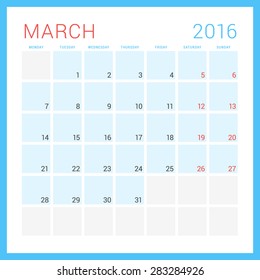 Calendar 2016. Vector Flat Design Template. March. Week Starts Monday