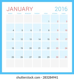 Calendar 2016. Vector Flat Design Template. January. Week Starts Monday