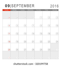 Calendar 2016. Vector Flat Design Template. September. Week Starts Sundayand ends  with Saturday. Font Arial sans serif.
