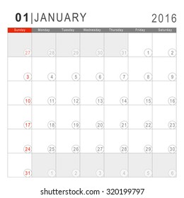Calendar 2016. Vector Flat Design Template. January. Week Starts Sundayand ends  with Saturday. Font Arial sans serif.
