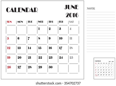 Calendar 2016, Vector Flat Design, Template, June, Weeks, Starts Sunday