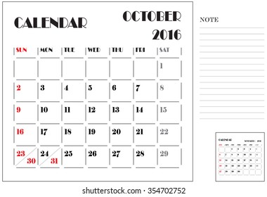 Calendar 2016, Vector Flat Design, Template, October, Weeks, Starts Sunday