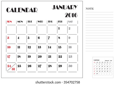 Calendar 2016, Vector Flat Design, Template, January, Weeks, Starts Sunday