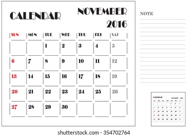 Calendar 2016, Vector Flat Design, Template, November, Weeks, Starts Sunday