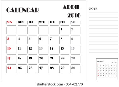 Calendar 2016, Vector Flat Design, Template, April, Weeks, Starts Sunday
