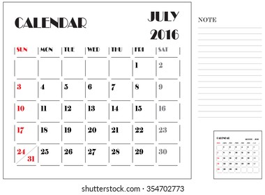 Calendar 2016, Vector Flat Design, Template, July, Weeks, Starts Sunday