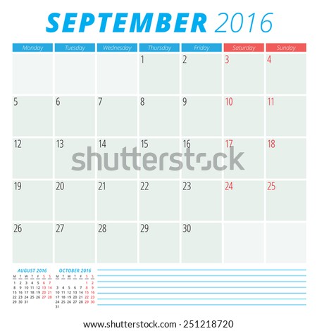 Calendar 2016 vector flat design template. September. Week starts Monday