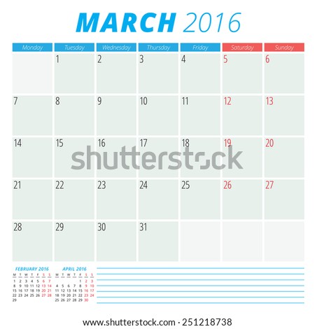 Calendar 2016 vector flat design template. March. Week starts Monday