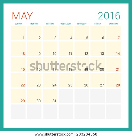 Calendar 2016. Vector Flat Design Template. May. Week Starts Sunday