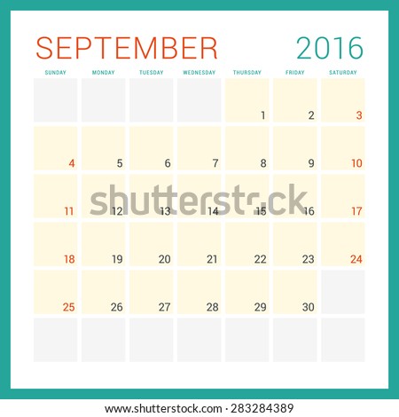 Calendar 2016. Vector Flat Design Template. September. Week Starts Sunday