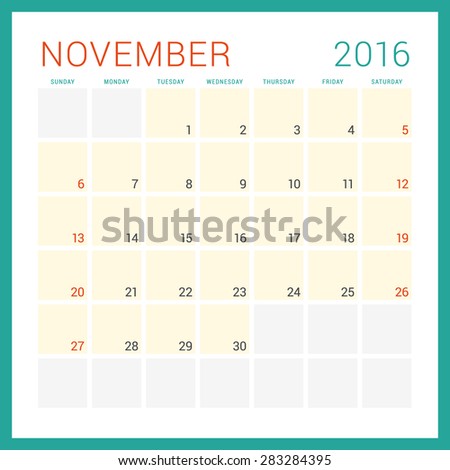 Calendar 2016. Vector Flat Design Template. November. Week Starts Sunday