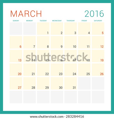 Calendar 2016. Vector Flat Design Template. March. Week Starts Sunday