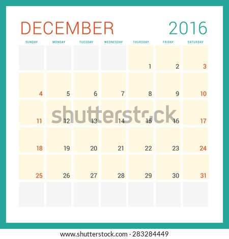 Calendar 2016. Vector Flat Design Template. December. Week Starts Sunday