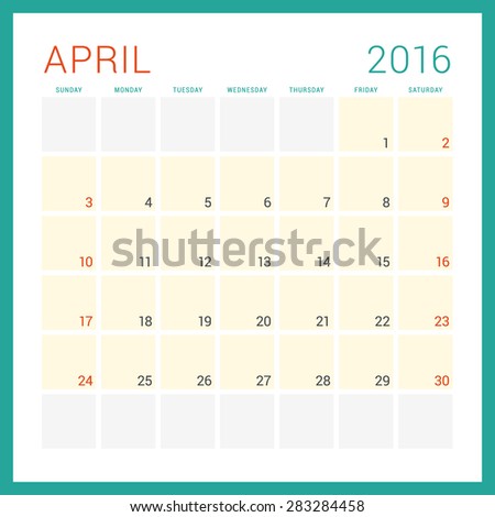 Calendar 2016. Vector Flat Design Template. April. Week Starts Sunday