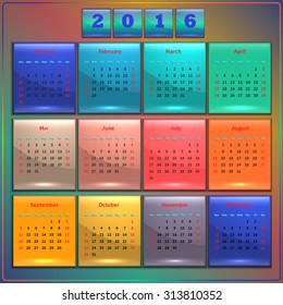Calendar 2016 vector four seasons, Sunday first american week, 12 months rainbow on dark