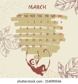 Calendar 2016. Vector Hand Drawn Illustration. Monday Start. March. Grange Style Background.