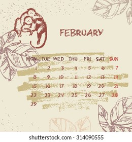 Calendar 2016. Vector Hand Drawn Illustration. Monday Start. February. Grange Style Background.