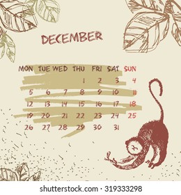 Calendar 2016. Vector Hand Drawn Illustration. Monday Start.December. Grange Style Background.