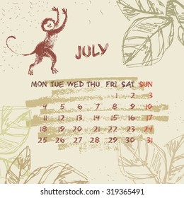 Calendar 2016. Vector Hand Drawn Illustration. Monday Start.July. Grange Style Background.