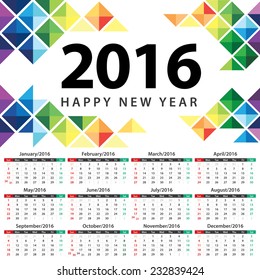 Calendar 2016 vector illustration. Abstract triangle template design.