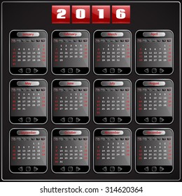 Calendar 2016 vector Sunday first american week 12 months, techno gadget digital style
