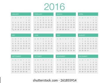Calendar 2016 Vector Template. 