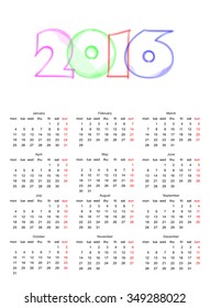 Calendar 2016 vector template on white background. Week starts Monday. 