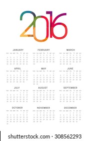 Calendar 2016 vector template week starts Monday in white background