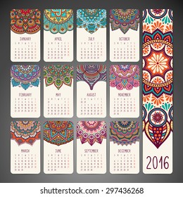 Calendar 2016. Vintage decorative elements. Oriental pattern, vector illustration.  Islam, Arabic, Indian, turkish, pakistan, chinese, ottoman motifs
