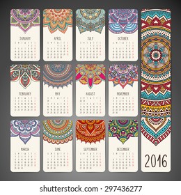 Calendar 2016. Vintage decorative elements. Oriental pattern, vector illustration.  Islam, Arabic, Indian, turkish, pakistan, chinese, ottoman motifs