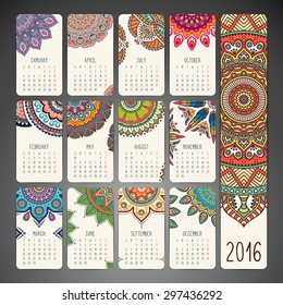 Calendar 2016. Vintage decorative elements. Oriental pattern, vector illustration.  Islam, Arabic, Indian, turkish, pakistan, chinese, ottoman motifs