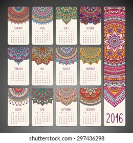 Calendar 2016. Vintage decorative elements. Oriental pattern, vector illustration.  Islam, Arabic, Indian, turkish, pakistan, chinese, ottoman motifs