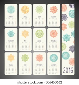 Calendar 2016. Vintage decorative elements. Oriental pattern, vector illustration.  Islam, Arabic, Indian, turkish, pakistan, chinese, ottoman motifs