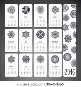 Calendar 2016. Vintage decorative elements. Oriental pattern, vector illustration.  Islam, Arabic, Indian, turkish, pakistan, chinese, ottoman motifs