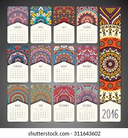 Calendar 2016. Vintage decorative elements. Ornamental floral business cards, oriental pattern, vector illustration.  Islam, Arabic, Indian, turkish, pakistan, chinese, ottoman motifs
