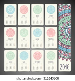 Calendar 2016. Vintage decorative elements. Ornamental floral business cards, oriental pattern, vector illustration.  Islam, Arabic, Indian, turkish, pakistan, chinese, ottoman motifs