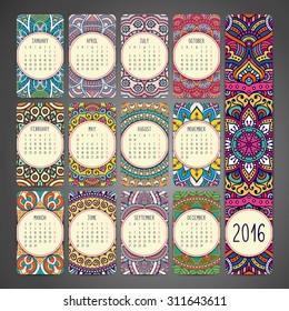 Calendar 2016. Vintage decorative elements. Ornamental floral business cards, oriental pattern, vector illustration.  Islam, Arabic, Indian, turkish, pakistan, chinese, ottoman motifs