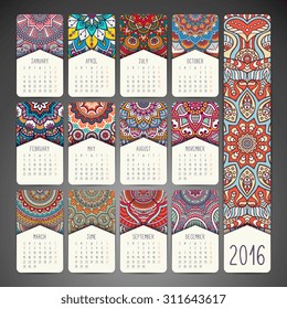 Calendar 2016. Vintage decorative elements. Ornamental floral business cards, oriental pattern, vector illustration.  Islam, Arabic, Indian, turkish, pakistan, chinese, ottoman motifs
