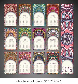Calendar 2016. Vintage decorative elements. Ornamental floral business cards, oriental pattern, vector illustration.  Islam, Arabic, Indian, turkish, pakistan, chinese, ottoman motifs