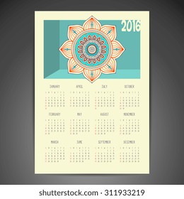 Calendar 2016. Vintage decorative elements. Ornamental floral business cards, oriental pattern, vector illustration.  Islam, Arabic, Indian, turkish, pakistan, chinese, ottoman motifs