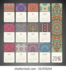 Calendar 2016. Vintage decorative elements. Ornamental floral business cards, oriental pattern, vector illustration.  Islam, Arabic, Indian, turkish, pakistan, chinese, ottoman motifs