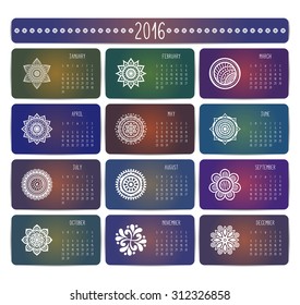 Calendar 2016. Vintage decorative elements. Ornamental floral business cards, oriental pattern, vector illustration.  Islam, Arabic, Indian, turkish, pakistan, chinese, ottoman motifs