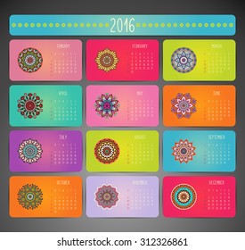 Calendar 2016. Vintage decorative elements. Ornamental floral business cards, oriental pattern, vector illustration.  Islam, Arabic, Indian, turkish, pakistan, chinese, ottoman motifs