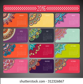 Calendar 2016. Vintage decorative elements. Ornamental floral business cards, oriental pattern, vector illustration.  Islam, Arabic, Indian, turkish, pakistan, chinese, ottoman motifs