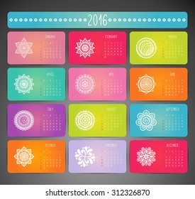 Calendar 2016. Vintage decorative elements. Ornamental floral business cards, oriental pattern, vector illustration.  Islam, Arabic, Indian, turkish, pakistan, chinese, ottoman motifs