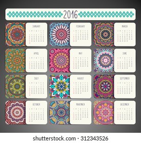 Calendar 2016. Vintage decorative elements. Ornamental floral business cards, oriental pattern, vector illustration.  Islam, Arabic, Indian, turkish, pakistan, chinese, ottoman motifs