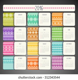 Calendar 2016. Vintage decorative elements. Ornamental floral business cards, oriental pattern, vector illustration.  Islam, Arabic, Indian, turkish, pakistan, chinese, ottoman motifs