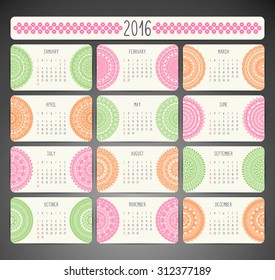 Calendar 2016. Vintage decorative elements. Ornamental floral business cards, oriental pattern, vector illustration.  Islam, Arabic, Indian, turkish, pakistan, chinese, ottoman motifs